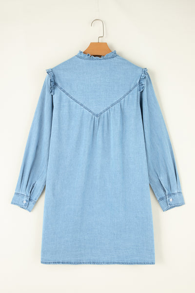 Sky Denim Ruffle Yoke Shirt Dress