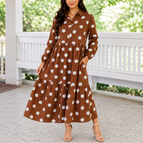 Cinnamon Charm Polka Dot Tiered Midi Dress