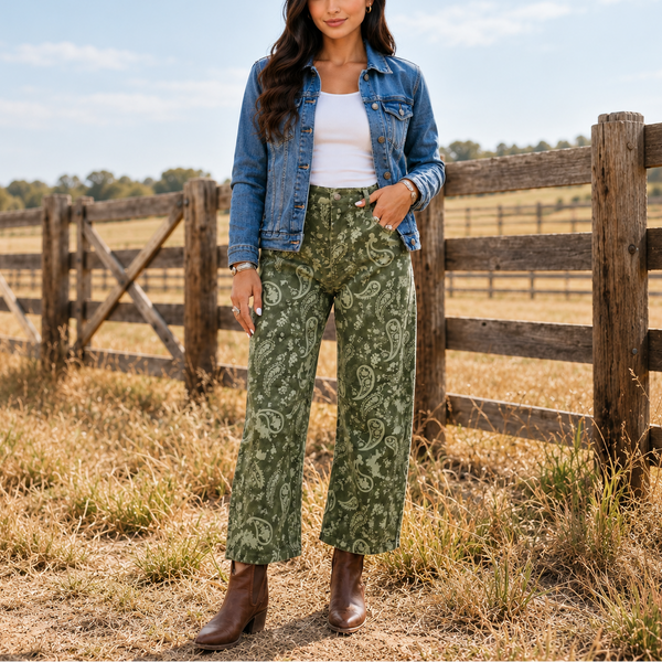 Olive Paisley Barrel Leg Jeans