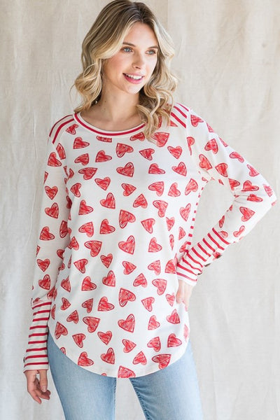 Heart Print Knit Top with Sleeve Buttons