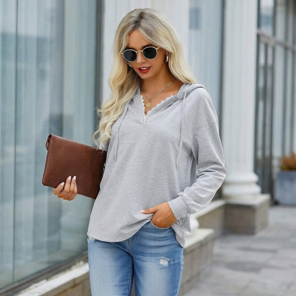 Cotton Mix Vneck Hoodie Top