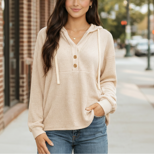 Cream Waffle Hooded Pullover