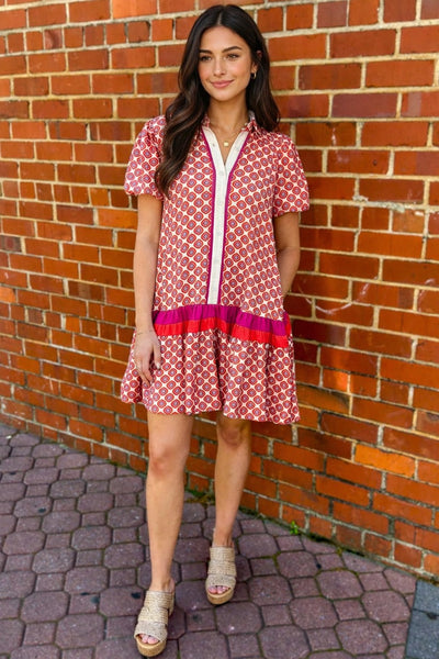 Coral Medallion Ruffle Shirt Dress