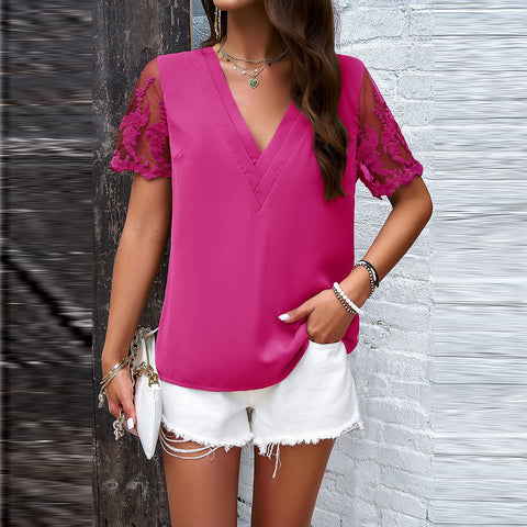 Lacey Elegance V-Neck Blouse | Shirts & Blouse | drop shoulder, drop shoulder sleeve top, drop shoulder sleeves top, drop shoulder top, elings, layering piece, layering top, loose fit, loose fit top, love kuza, lovely top, mock neck, new arrival, new arrivals, pretty top, short sleeve, short sleeve top, short sleeves, soft knit top, solid top, versatile top | Love, Kuza