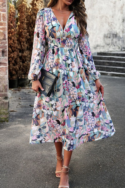 Floral Elastic Waist A-Line Midi Dress