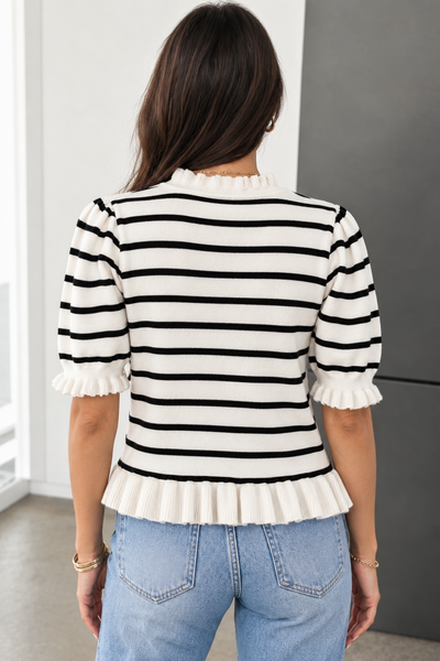 Oatmeal Ruffle Stripe Knit Cardigan — lila back