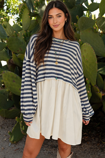 Coastal Stripe Patchwork Mini Dress — lila front
