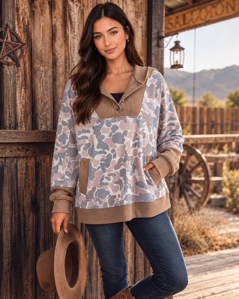 Camo Cabin Waffle-Trim Hoodie — lila front