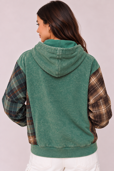 Pine Grove Plaid-Sleeve Cotton Hoodie — lila back