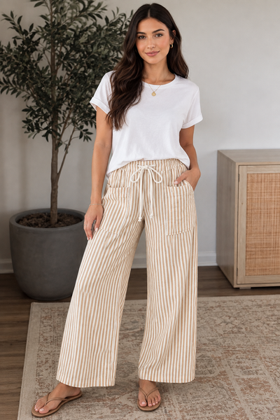 Apricot Stripe Drawstring Pants - front view