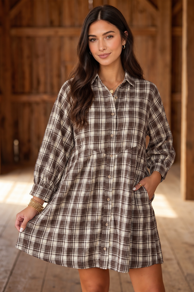 Brown Plaid Button-Front Mini Dress — lila front