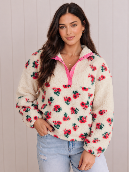 Winter Bloom Contrast Fleece Sweatshirt — lila front