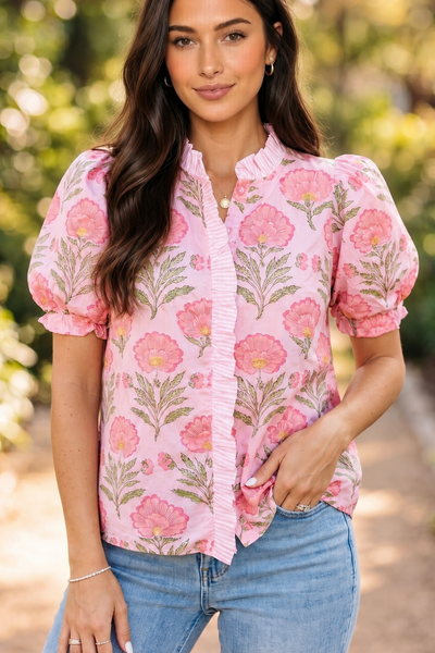 Pink Blossom Ruffle Shirt ? front view
