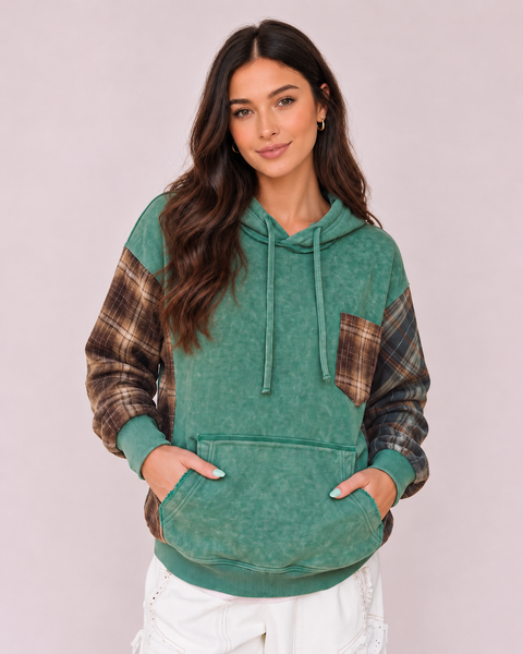 Pine Grove Plaid-Sleeve Cotton Hoodie — lila front