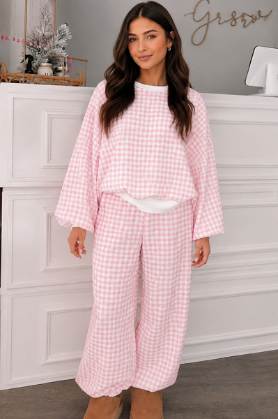 Pink Picnic Gingham Lounge Set — sandi approved lila front