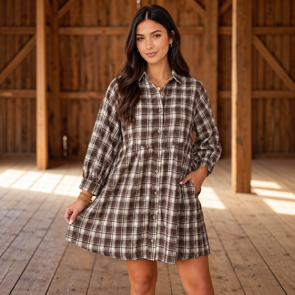 Brown Plaid Button-Front Mini Dress — shopify hero full square
