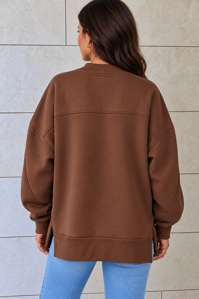 Coffeehouse Split-Hem Mock Neck Sweatshirt — lila back