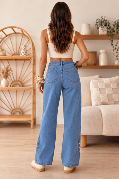 Rivet Line Cuffed Jeans — lila back