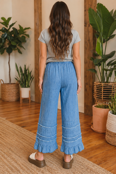Soft Ruffle Chambray Pants — lila back