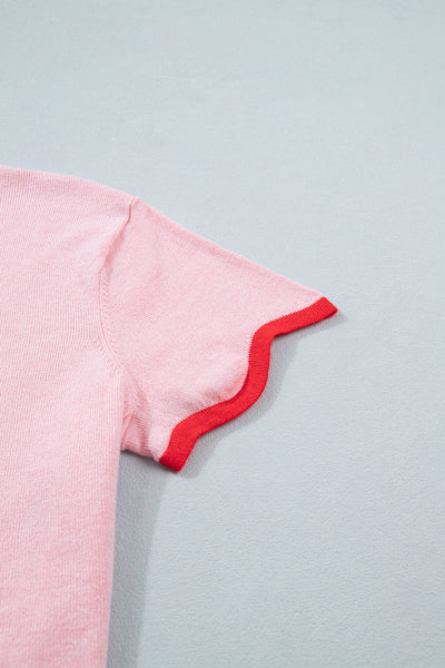Pink Ribbon Wavy Trim Sweater