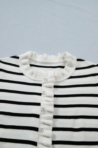 Oatmeal Ruffle Stripe Knit Cardigan