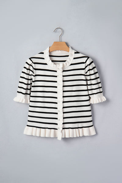 Oatmeal Ruffle Stripe Knit Cardigan