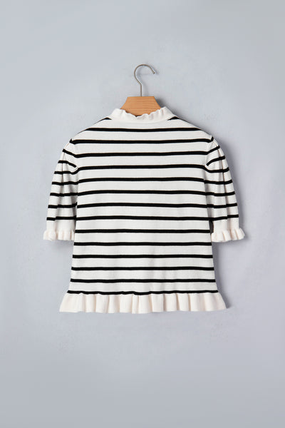 Oatmeal Ruffle Stripe Knit Cardigan