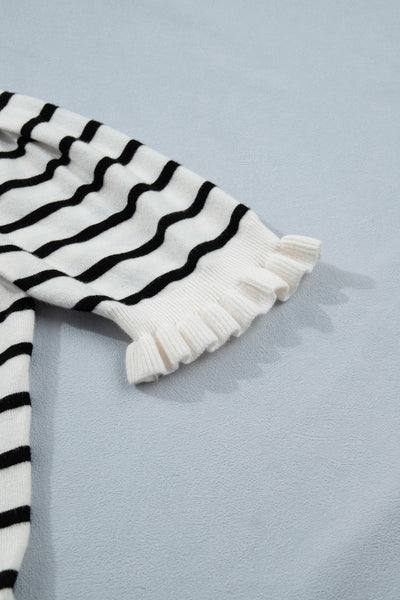 Oatmeal Ruffle Stripe Knit Cardigan