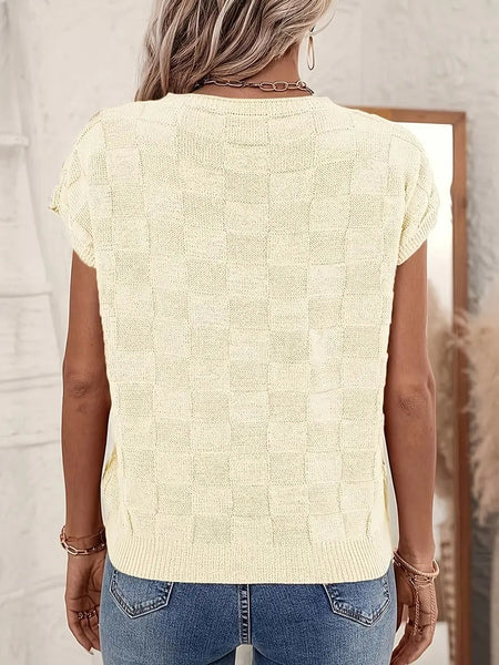 Breezy Check Knit Cap Sleeve Top