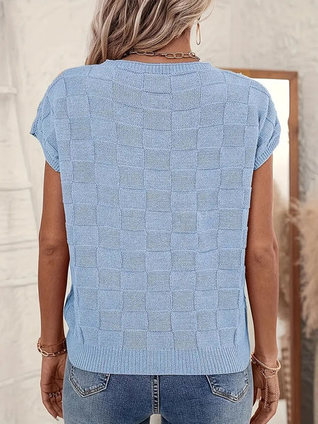 Breezy Check Knit Cap Sleeve Top