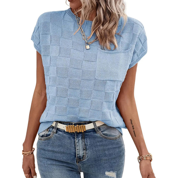 Breezy Check Knit Cap Sleeve Top