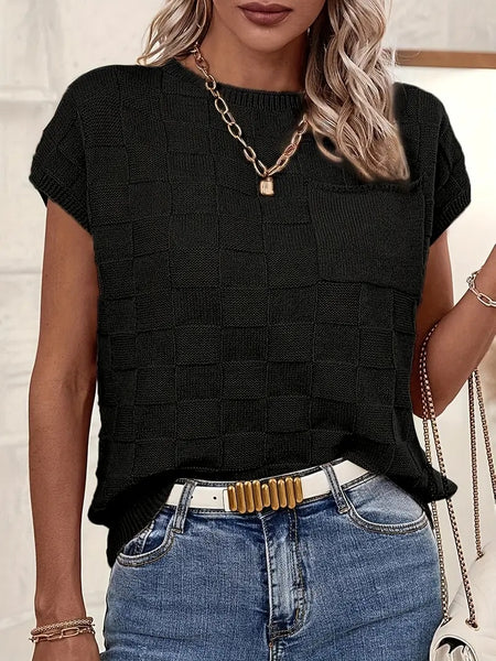 Breezy Check Knit Cap Sleeve Top