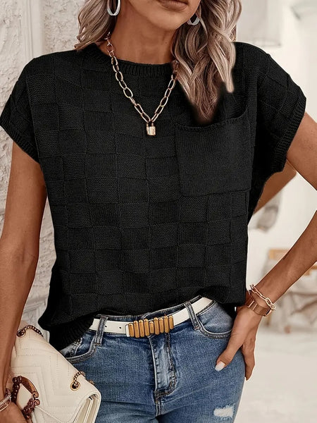 Breezy Check Knit Cap Sleeve Top