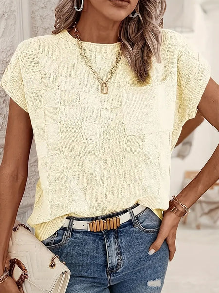Breezy Check Knit Cap Sleeve Top