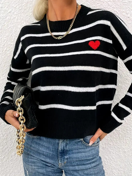 Heart Stripe Crew Neck Sweater