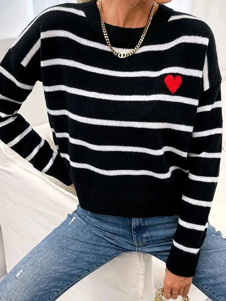 Heart Stripe Crew Neck Sweater