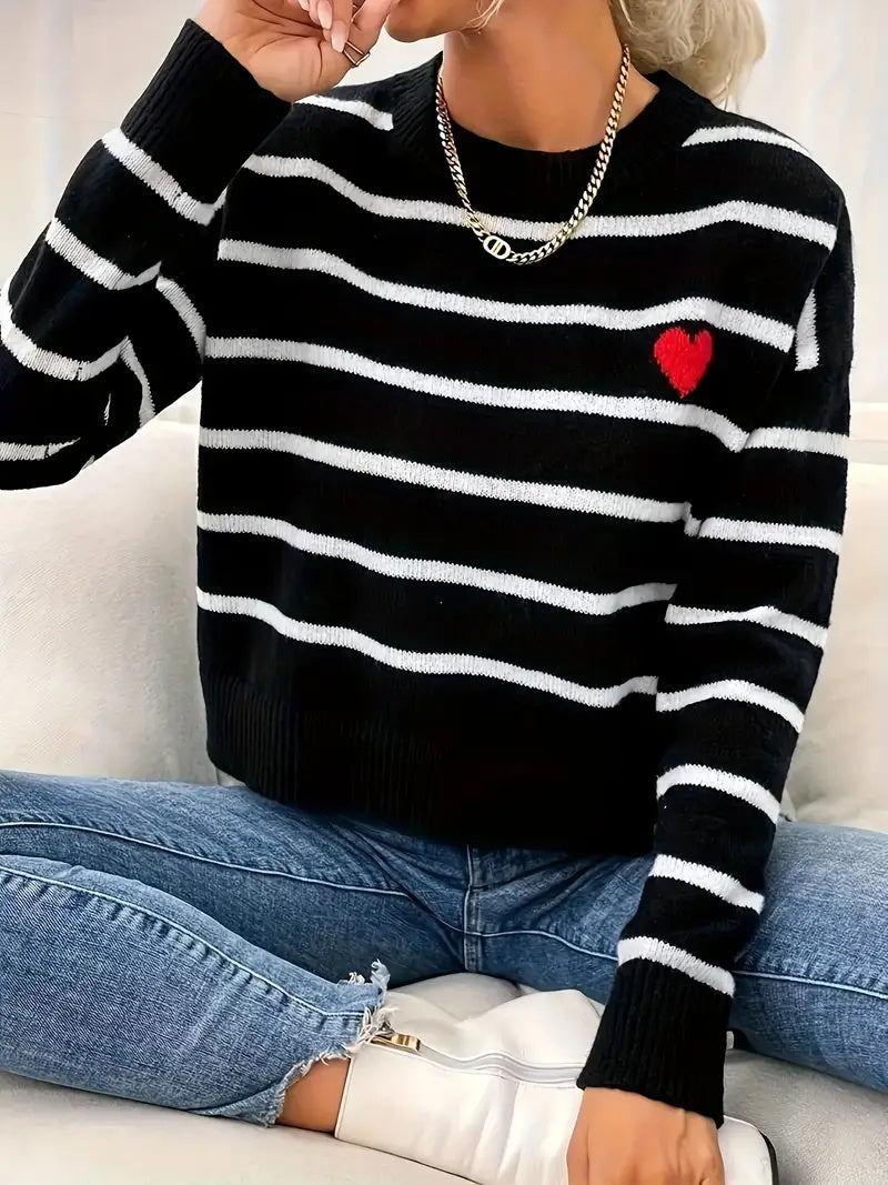 Heart Stripe Crew Neck Sweater