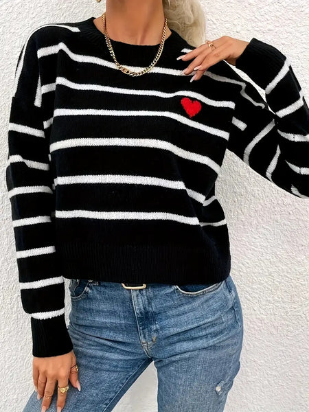 Heart Stripe Crew Neck Sweater