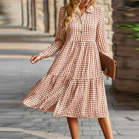 Button Front Tiered Midi Dress | Dress | button down, button front, button up shirt dress, buttondown, collared dress, elings, Long Sleeve Dress, midi, midi dress, new arrivals, solid, tiered dress, vneck dress | Love, Kuza