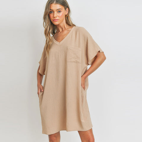 Crinkle Chic V-Neck Pocket Dress | Dress | above the knee, above the knee shift dress, casual and everyday dress, casual dress, dress, lightweight shift dress, lovely dress, new arrival, new arrivals, oversize tee dress, shift dress, summer Shift dress, tee dress, tunic dress, v neck dress | Love, Kuza