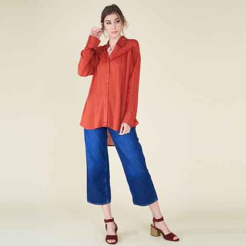 Crochet Trim Button Up Shirt | Fashion Top | button up, button up flowy top, buttonup, casual and everyday, classic, crochet top, everyday, flowy top, flowy tops, long sleeve top, love kuza, rayon, relaxed fit top, rust, rust top, Saturated Hues, shirt, soft top, solid top, taupe, taupe top, womans tops | Love, Kuza