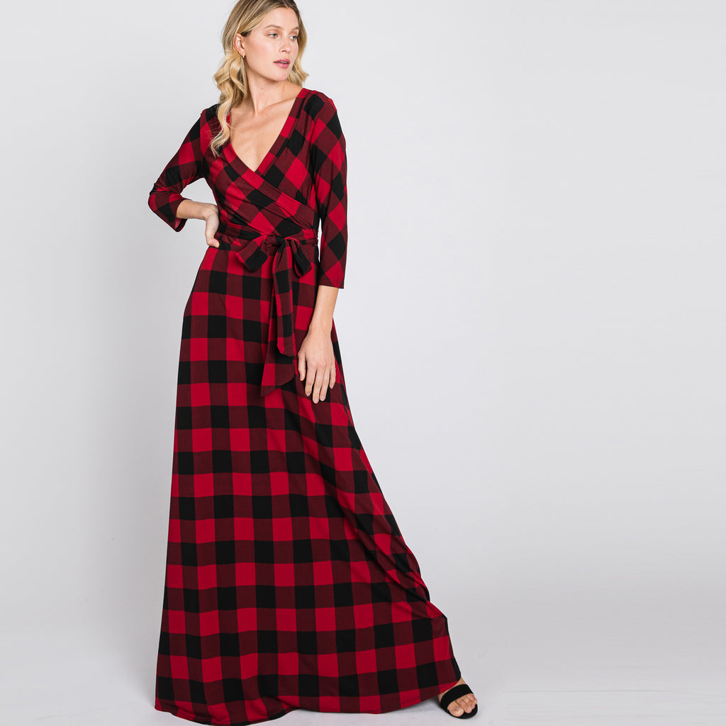 Love Kuza Red Buffalo Plaid Venechia Maxi Wrap Dress Burgundy/Black Plaid / Medium (8-10) Love Kuza Red Buffalo Plaid Venechia Maxi Wrap Dress Burgundy/Black Plaid / Medium (8-10)