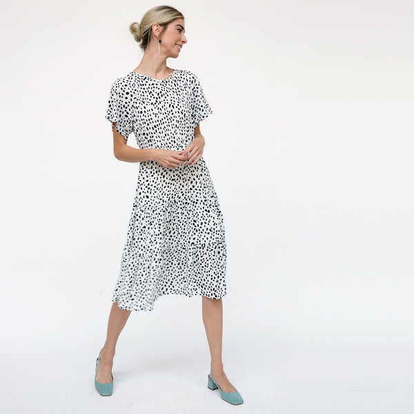 Abstract Dots Midi Dress | Dress | abstract, abstract dot midi dress, abstract midi dress, animal, black, bubble sleeve, dots, dress, dresses for women, ivory, lightweight, long, Made in USA, midi, midi dress, polka dot midi dress, ruffles, spring, spring midi dress, Spring2020, summer, white | Love, Kuza
