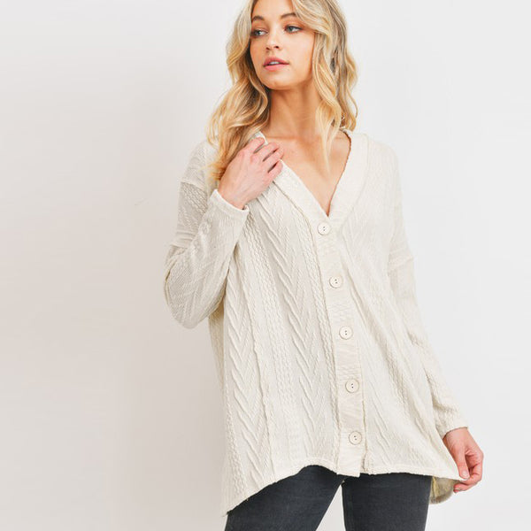 Cable Knit Button Down Cardigan | Outerwear | cardigan, casual, easy wear cardigan, Fall2021, ivory knit cardigan, ivory knit sweater cardigan, knit casual cardigan, long sleeve, love kuza, Spring2022, sweater, transition | Love, Kuza