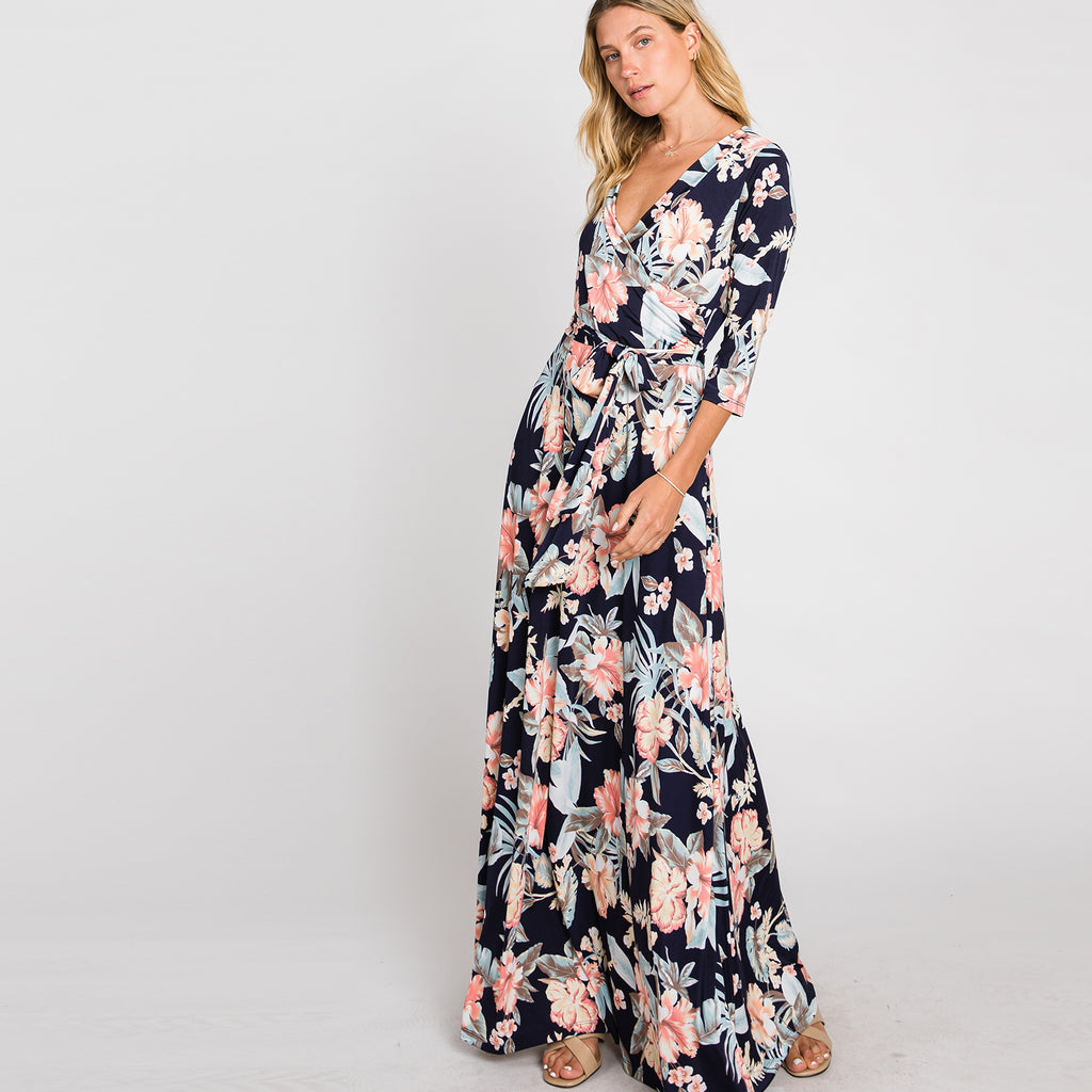casual maxi wrap dress Wrap Maxi Dress, Brown Multi, Size 8 By LASCANA
