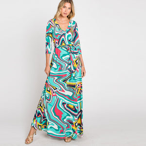 Aqua Water Color Venechia Maxi Wrap Dress