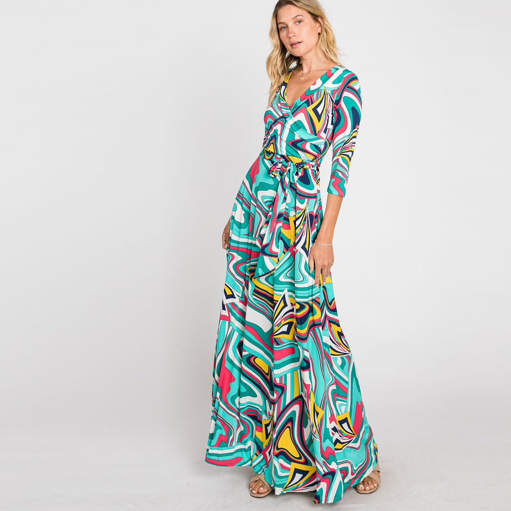 Love Kuza Aqua Water Color Venechia Maxi Wrap Dress Blue / Medium (6-8) Love Kuza Aqua Water Color Venechia Maxi Wrap Dress Blue / Medium (6-8)