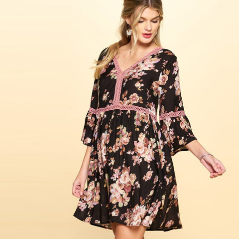 Invigorating Floral Tunic Dress | Dress | Above the knee, baby doll dress, baby doll floral print dress, Bell Sleeve dress, dainty floral print dress, embroidery detail dress, Fall2022, floral dress, Front Page, spring floral dress, Summer2022, v-neck dress, vintage flower print dress, Vintage vibe dress | Love, Kuza