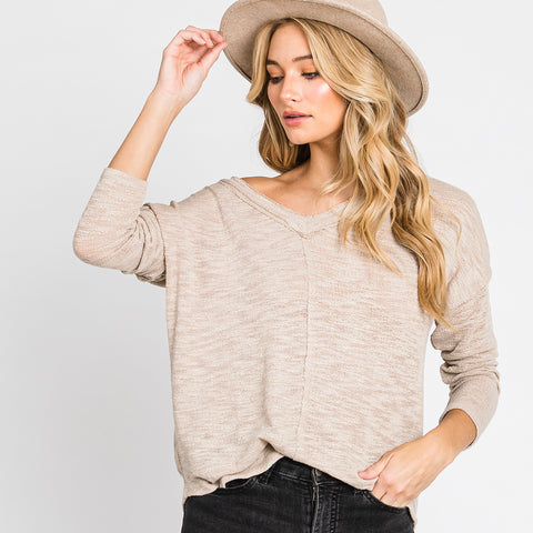 V-Neck Long Sleeve Top | Fashion Top | Alluring Long Sleeve Top, dolman sleeve top, drop shoulder sleeve top, Fall2022, long sleeve top, long sleeve v neck top, love kuza, lovely top, new arrivals, pretty top, raw edge top, rounded hem top, slub knit top, slub knit tunic top, Spring2022, V Neck Long sleeve top, v neck top | Love, Kuza