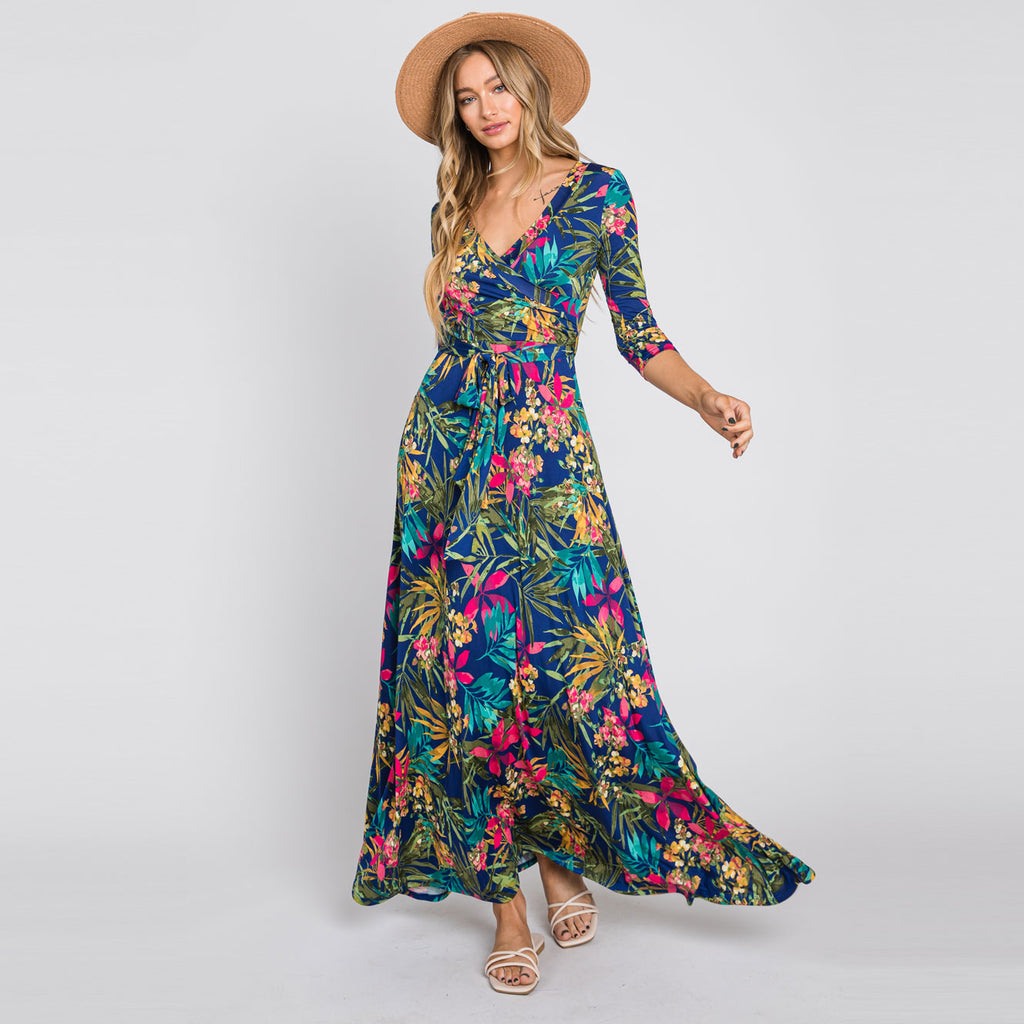 Love Kuza Tropical Bloom Venechia Maxi Wrap Dress Navy / Large (10-12)